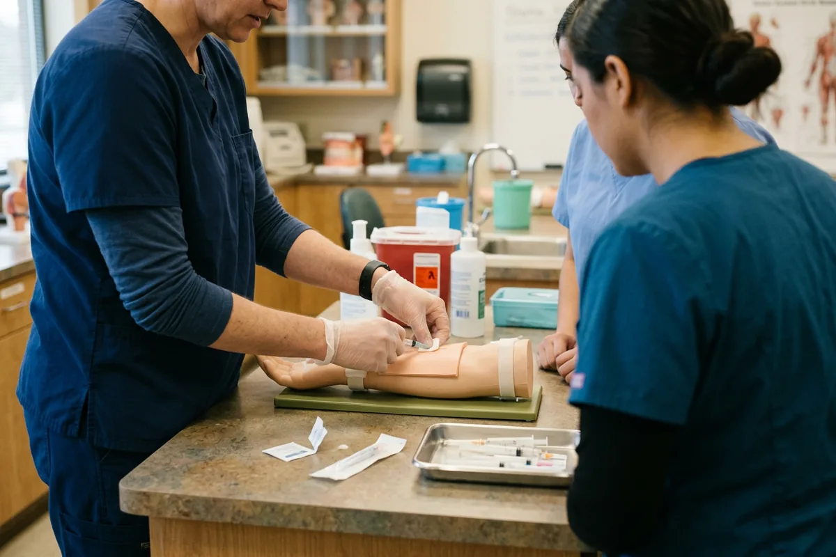 An instructor shows students in an accredited medical assistant program how to give an injection on a practice pad