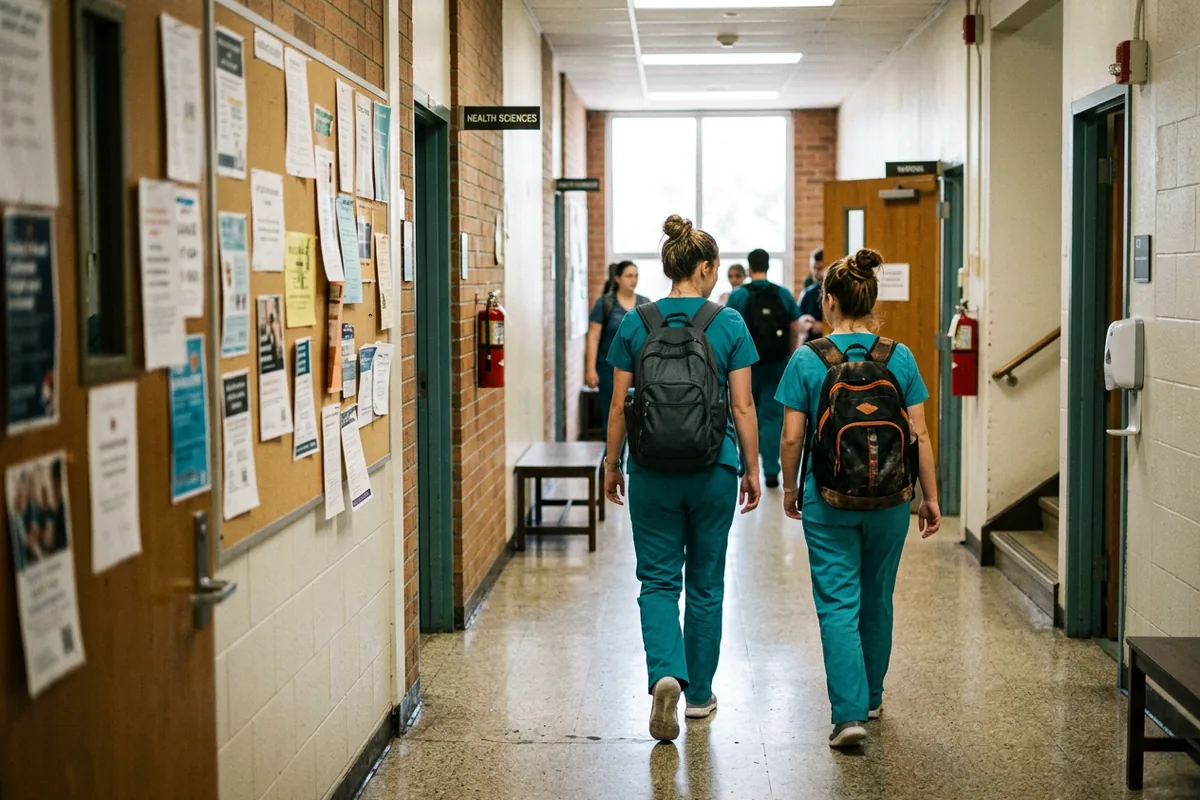 Students in scrubs walk down a community college hallway outside the health sciences classrooms
