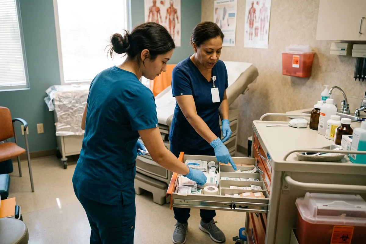 A medical assistant apprentice restocks an exam room with an experienced colleague