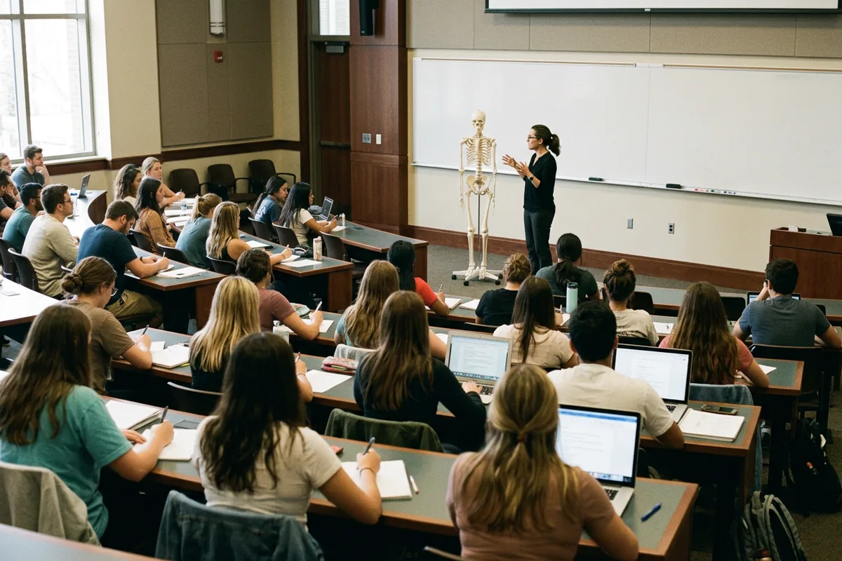 Students in a medical assistant associate degree lecture with an anatomy skeleton at the front