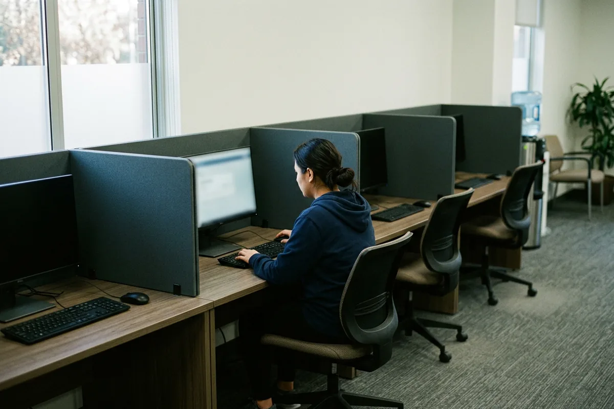 A candidate takes a medical assistant certification exam at a computer in a testing room