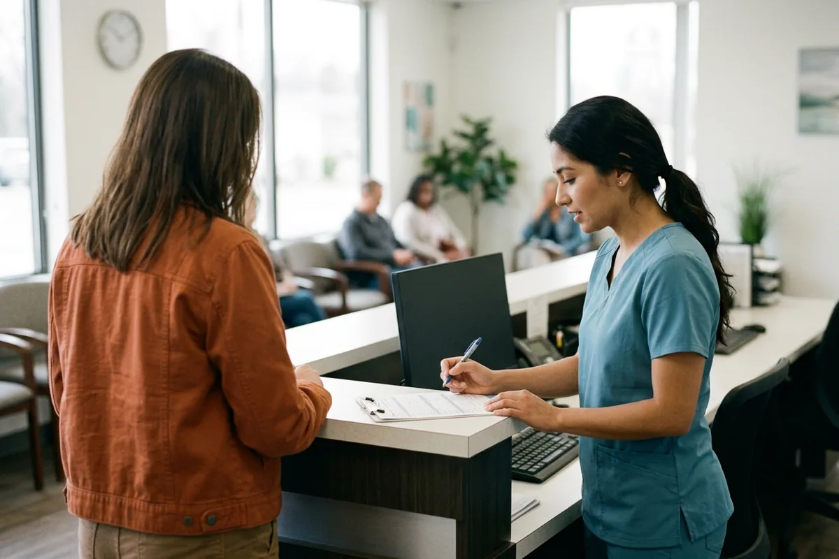 Medical assistant program graduate checking in a patient at a clinic front desk