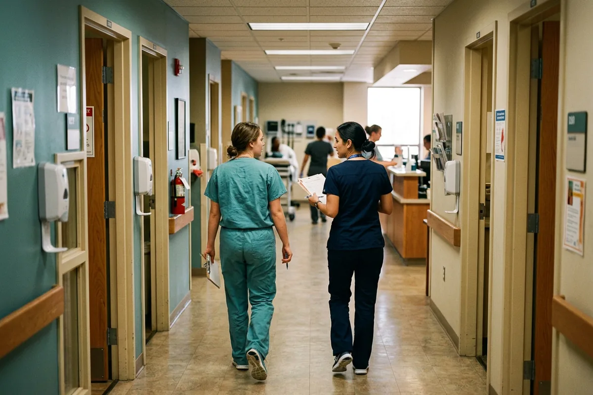 A medical assistant extern walks a clinic corridor with a supervising nurse
