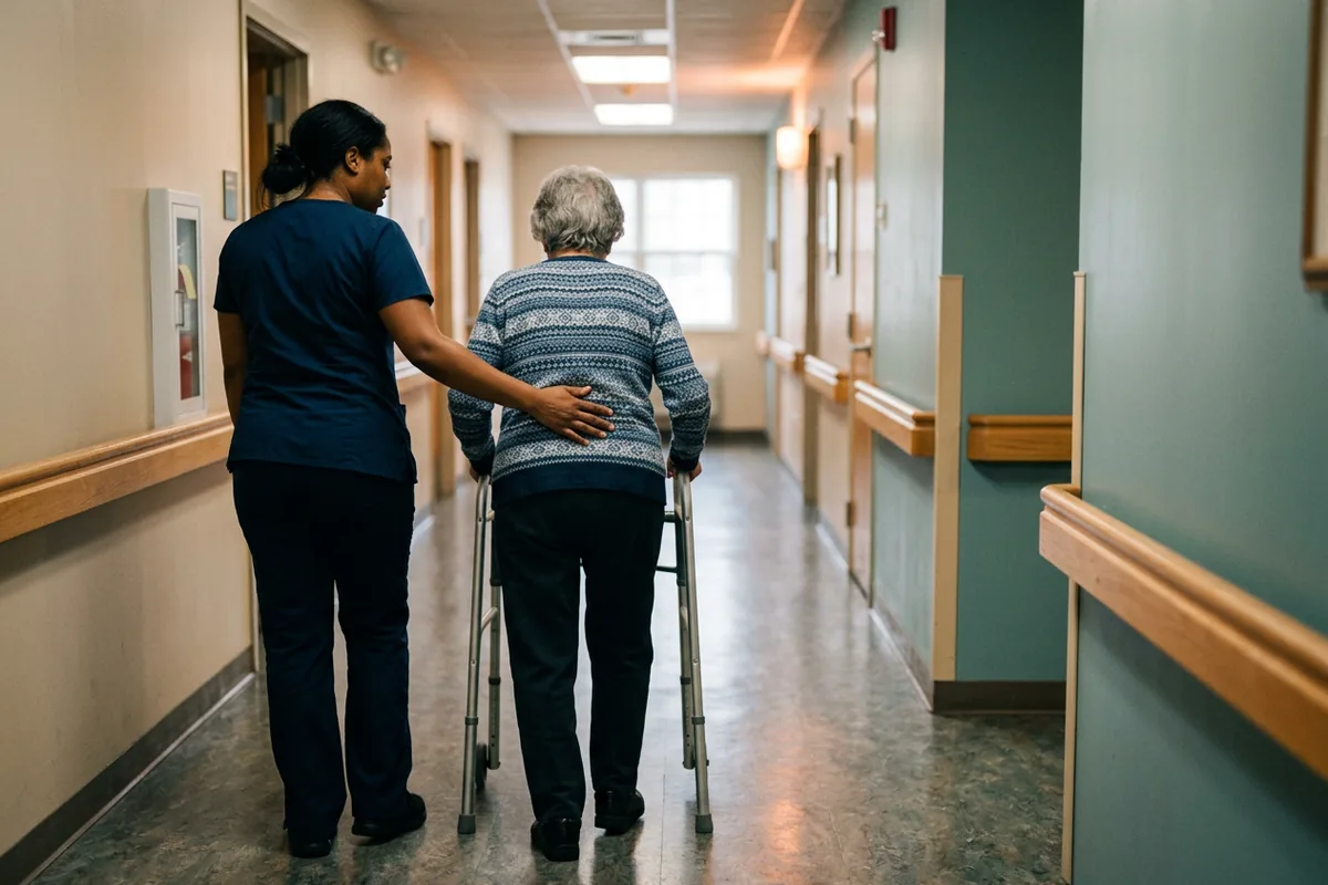 A certified nursing assistant helps an elderly resident walk with a walker in a care home hallway