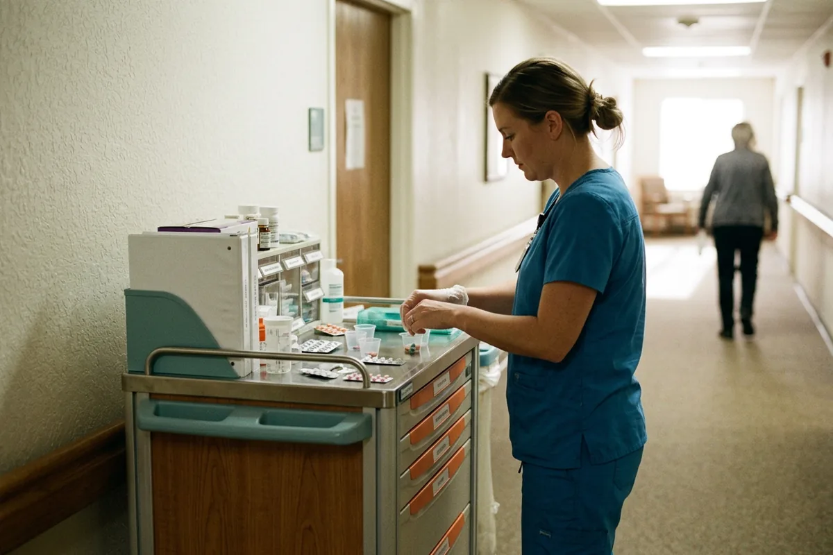 A licensed practical nurse prepares medications at a cart in a long-term care hallway