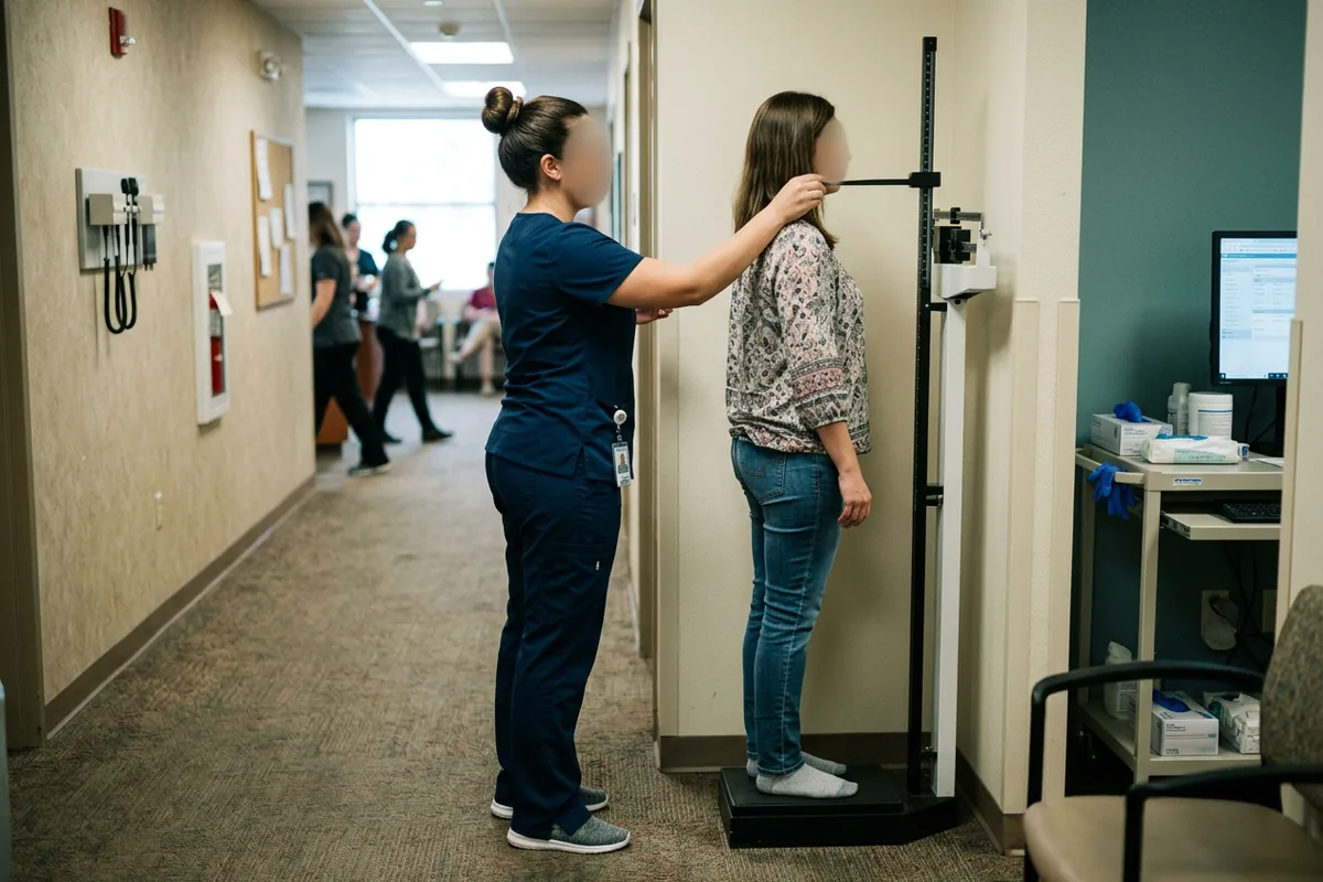 A medical assistant measures a patient's height on a clinic scale