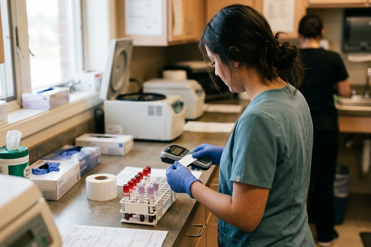 A registered medical assistant labels blood specimen tubes at a clinic lab counter
